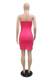 Rose Red Sexy Solid Patchwork Backless Strapless Sleeveless Dress Dresses