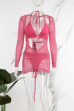 White Sexy Solid Patchwork Halter Long Sleeve Three Piece Set
