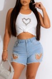 White Casual Solid Patchwork Rhinestone O Neck Tops