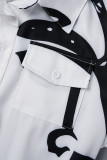 White Elegant Print Pocket Buttons Slit Turndown Collar Shirt Dress Dresses