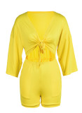 Yellow Fashion Casual Solid Bandage Hollowed Out Patchwork V Neck Regular Romper