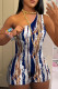 Blue Sexy Print Patchwork Oblique Collar Skinny Rompers