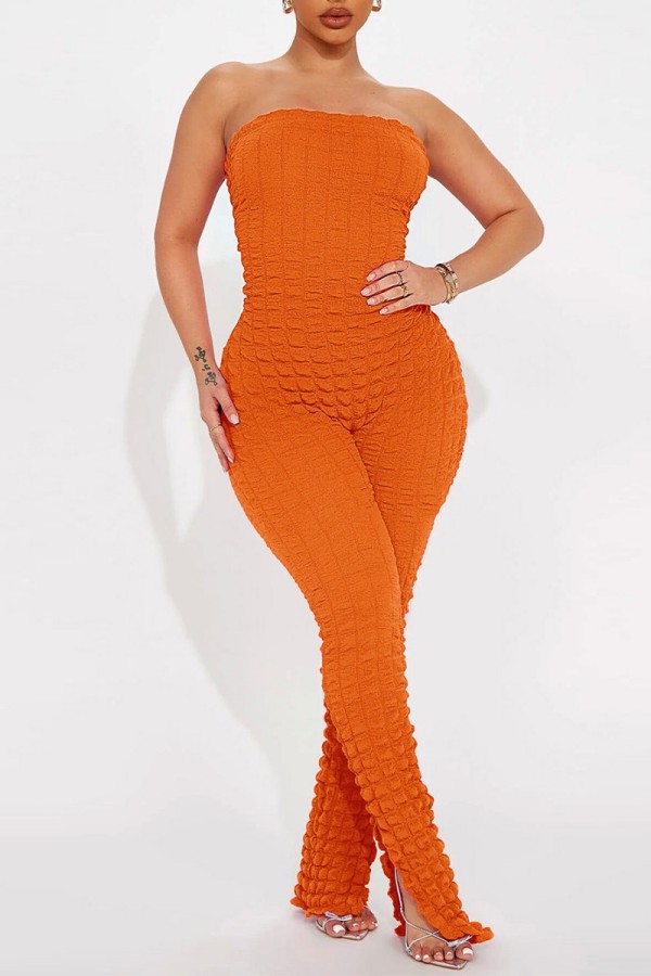 Orange Sexy Casual Solid Backless Strapless Skinny Jumpsuits