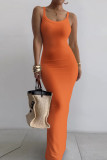 Orange Sexy Casual Solid Backless Spaghetti Strap Long Dress Dresses