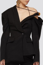 Black Elegant Solid Bandage Buttons Oblique Collar Outerwear