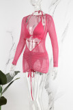 White Sexy Solid Patchwork Halter Long Sleeve Three Piece Set