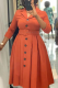 Tangerine Red Elegant Solid Patchwork Buttons Turndown Collar A Line Dresses(With Belt)