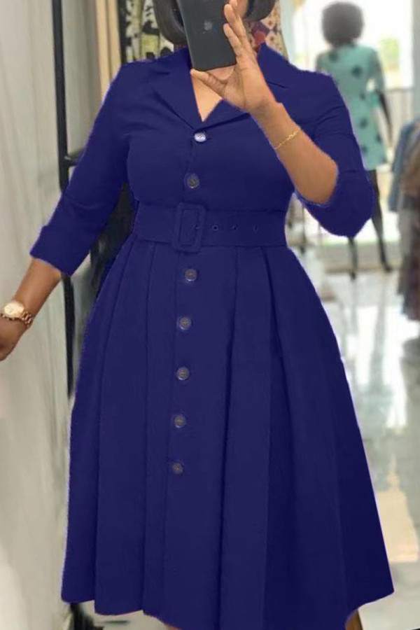 Navy Blue Elegant Solid Patchwork Buttons Turndown Collar A Line Dresses(With Belt)