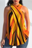 Yellow Casual Print Backless Slit Halter Tops