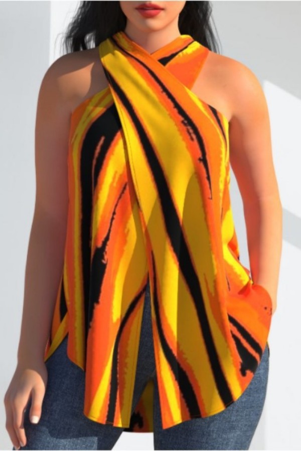 Yellow Casual Print Backless Slit Halter Tops