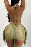 Blue Sexy Solid Tassel Patchwork Frenulum Skinny Mid Waist Conventional Solid Color Skirt (Only Skirt)