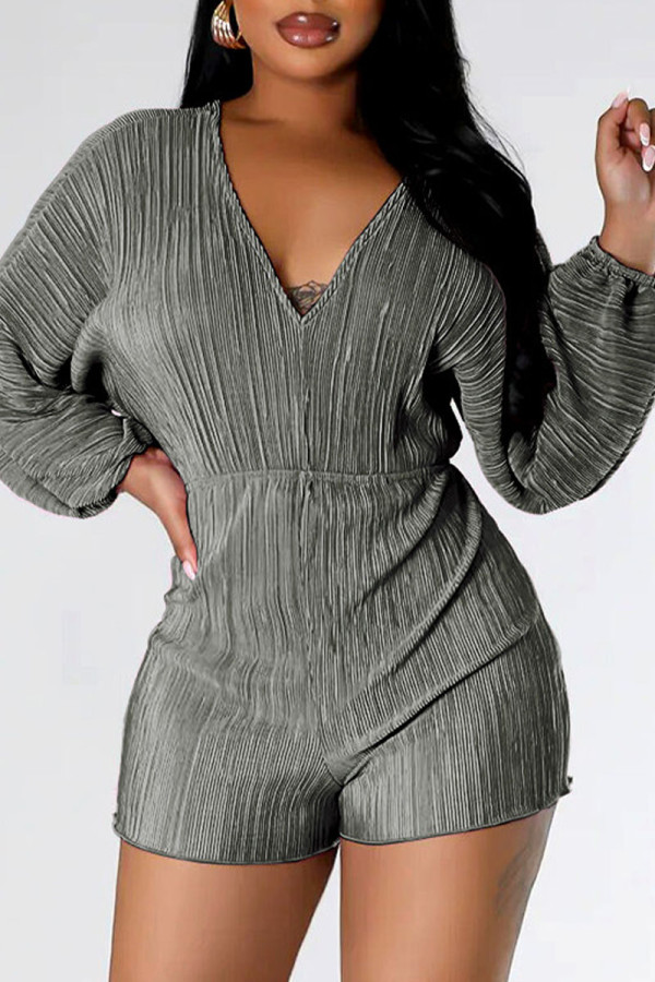 Grey Sexy Solid Bandage Backless V Neck Regular Rompers