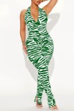 Rose Red Sexy Casual Print Bandage Backless Halter Skinny Jumpsuits