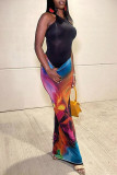 Colour Street Print Patchwork Regular High Waist Pencil Full Print Bottoms