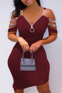 Burgundy Casual Solid Hollowed Out Patchwork Hot Drill V Neck Short Sleeve Dress