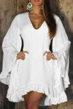 White Casual Solid Patchwork V Neck Long Sleeve Dresses