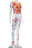 Colour Casual Print Patchwork V Neck Short Sleeve Two Pieces