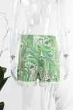 Green Casual Print Tassel Patchwork Regular High Waist Conventional Patchwork Shorts