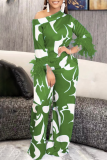 Green Elegant Print Patchwork Feathers Oblique Collar Nine Points Sleeve Two Pieces