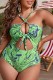 Green Sexy Print Hollowed Out Frenulum Backless Spaghetti Strap Plus Size Swimwear (With Paddings)