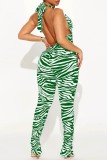 Rose Red Sexy Casual Print Bandage Backless Halter Skinny Jumpsuits