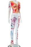 Colour Casual Print Patchwork V Neck Short Sleeve Two Pieces