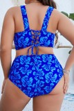 Blue Sexy Print Backless V Neck Plus Size Swimwear (With Paddings)