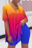 Colour Casual Gradual Change Print Slit V Neck Short Sleeve Two Pieces