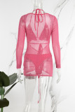 White Sexy Solid Patchwork Halter Long Sleeve Three Piece Set