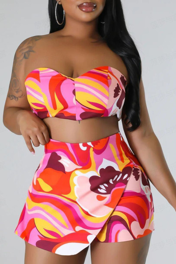 Red Elegant Print Pocket Backless Slit Strapless Sleeveless Two Pieces