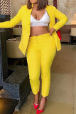 Yellow Fashion Casual Solid Cardigan Pants Turndown Collar Long Sleeve Two Pieces