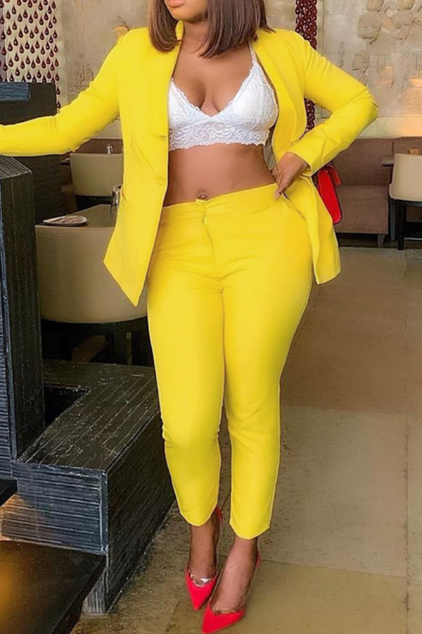 Yellow Fashion Casual Solid Cardigan Pants Turndown Collar Long Sleeve Two Pieces