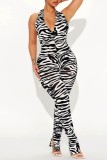 Rose Red Sexy Casual Print Bandage Backless Halter Skinny Jumpsuits