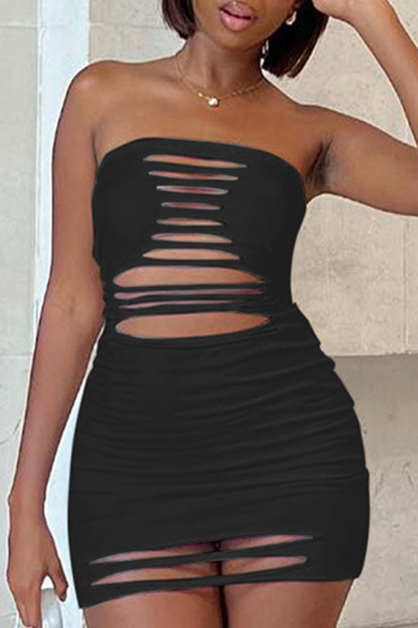 Black Sexy Solid Ripped Patchwork Backless Off the Shoulder One Step Skirt Dresses