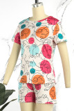 Deep Blue Casual Print Patchwork O Neck Short Sleeve Two Pieces