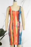 Orange Elegant Tie Dye Patchwork U Neck One Step Skirt Dresses