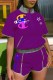 Purple Casual Print Patchwork Letter Zipper Collar Short Sleeve Two Pieces