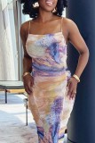 Purple Yellow Sexy Print Backless Spaghetti Strap Sleeveless Dress Dresses