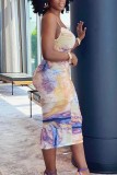 Purple Yellow Sexy Print Backless Spaghetti Strap Sleeveless Dress Dresses