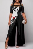 Deep Blue Casual Print Patchwork Off the Shoulder Regular Jumpsuits