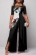 Black Casual Print Patchwork Off the Shoulder Regular Jumpsuits