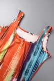 Orange Elegant Tie Dye Patchwork U Neck One Step Skirt Dresses