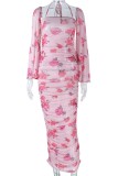 Pink Sexy Casual Print Fold Square Collar Long Sleeve Dresses