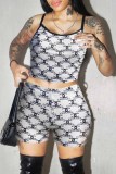 White Street Print Letter Spaghetti Strap Sleeveless Two Pieces