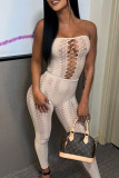 Khaki Sexy Solid Hollowed Out Patchwork See-through Strapless Sleeveless Two Pieces
