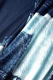 Blue Casual Print Patchwork Turtleneck Skinny Rompers