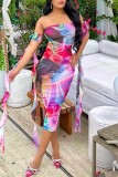 Rose Red Sexy Casual Print Backless Strapless Wrapped Skirt Dresses