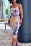 Purple Yellow Sexy Print Backless Spaghetti Strap Sleeveless Dress Dresses