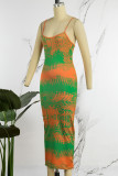 Apricot Sexy Casual Print Backless Spaghetti Strap Long Dress Dresses