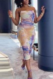 Purple Yellow Sexy Print Backless Spaghetti Strap Sleeveless Dress Dresses